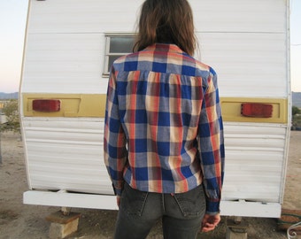 Vintage 60's Blue Plaid Cotton Shirt / Button Front Blouse / Rockabilly Country Western Women S M