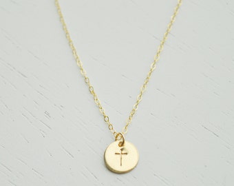 Gold Cross Necklace - small gold disc charm hand stamped on dainty gold filled chain handmade simple everyday jewelry