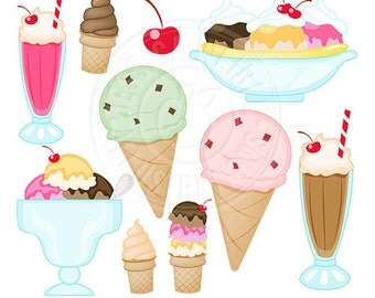 Ice Cream Shop Cute Digital Clipart, Ice Cream Clip Art, Banana Split Clipart, Ice Cream Cone Graphics, Ice Cream Sundae Image, Download