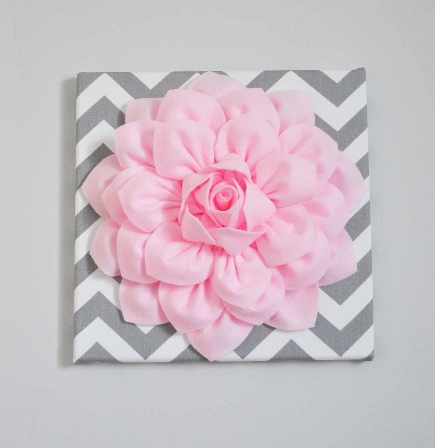 Wall Art Light Pink Dahlia on Gray and White Chevron 12