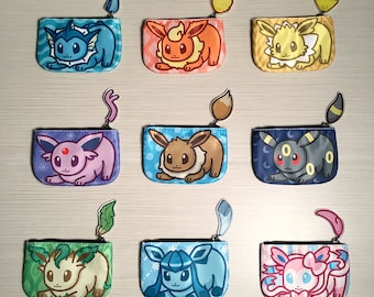 Pokemon Eeveelution Coin Purses with Tails - Eevee Vaporeon Flareon Jolteon Espeon Umbreon Leafeon Glaceon Sylveon
