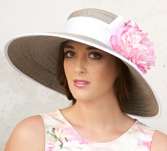 Wide Brim Hat. Gray & White Hat, Pink Flower Hat, Church Hat, Wedding ...