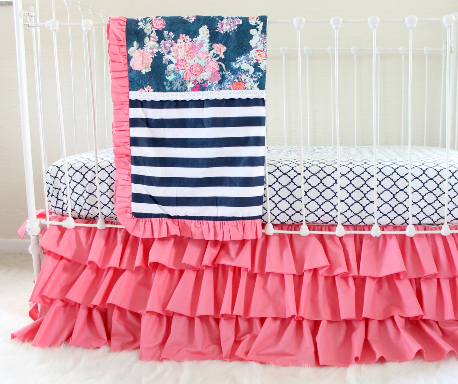 Hot Pink and Navy Baby Girl Bedding custom crib bedding