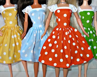 Handmade Barbie clothes - polka dot dress w/ eyelet- choose your color