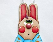 Whimsical Easter Bunny with Dragonfly, Green Eyes, Wood Cutout, Easter Hanging Rabbit, Blue Bow Tie, Tole or Hand Painted, Easter Ornament