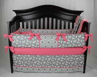 MIA 5 piece Baby Bedding Set -Gray and Coral Woodland Deer Nursery