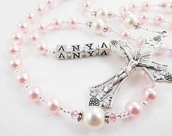 Pink and White Swarovski Pearl Personalized Rosary Beads - Baptism, First Communion, Confirmation Catholic Gift for a Girl