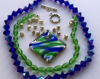Blue and Green Lampwork Glass Pendant Full Strand Glass Bicones Beads a Plenty Kit
