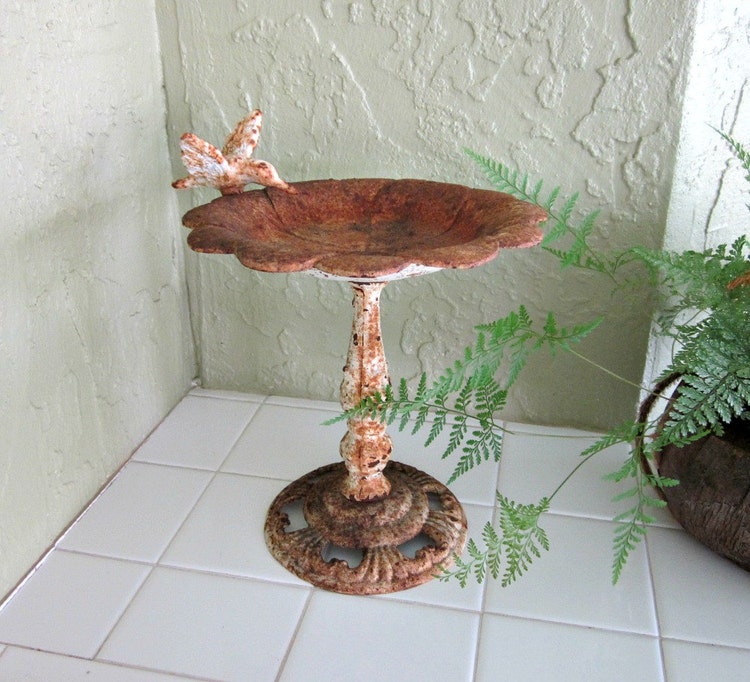 Vintage Rusty Cast Iron Bird Bath with Hummingbird by bobann23