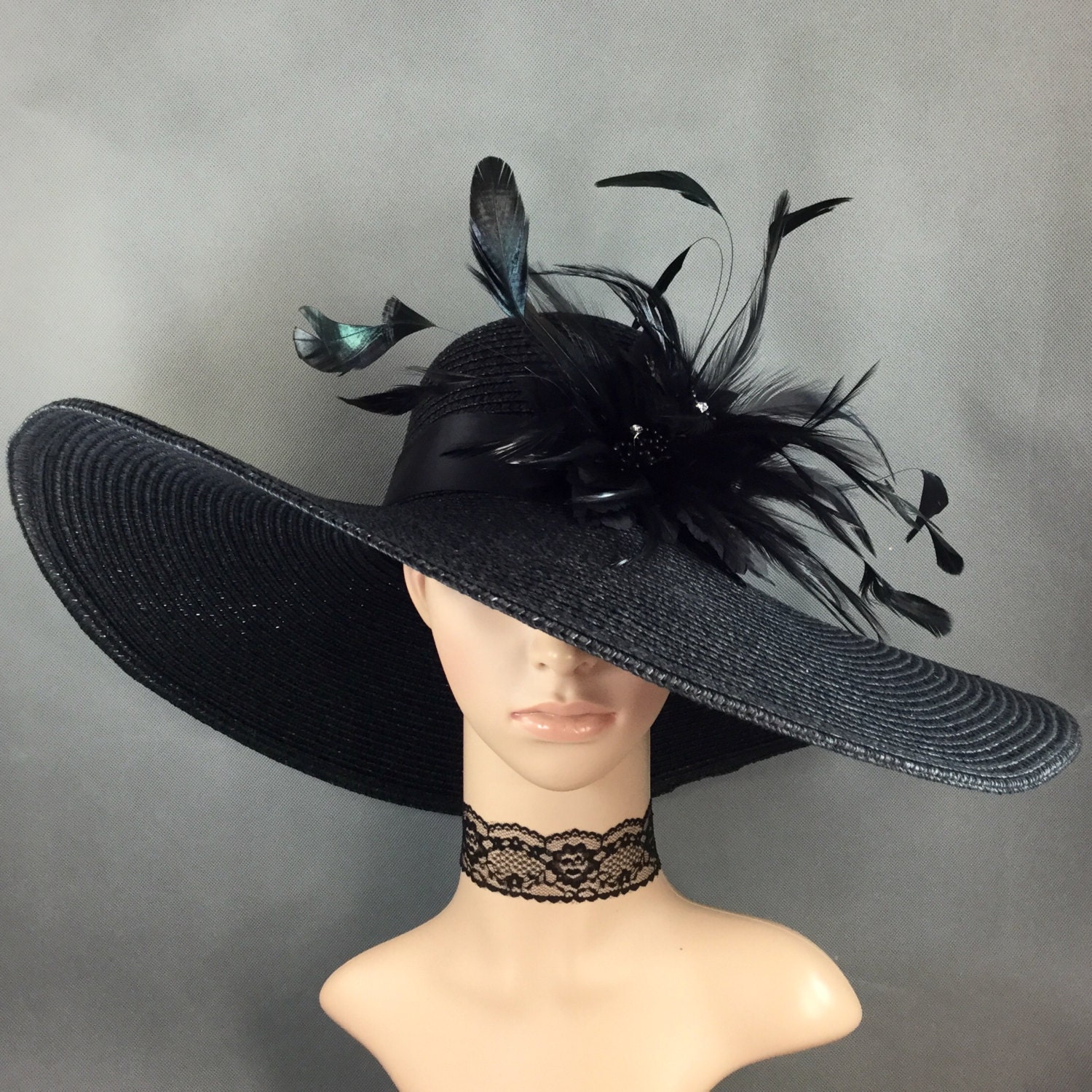 Black Kentucky Derby Hat with Black feathers Derby Hat