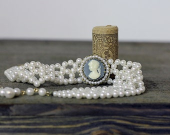 Vintage Beaded Pearl Choker with Powder Blue Cameo Pendant