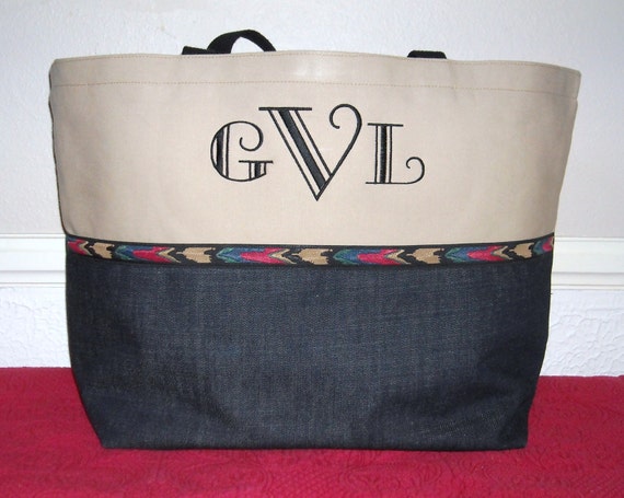 Extra Large Personalized Tote Bag with Vintage Western trim