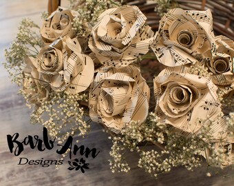 One Dozen Paper Roses from Vintage Sheet Music, Decorative Paper Flower Bouquet, Wedding Floral Centerpiece, Music Studio Home Decor