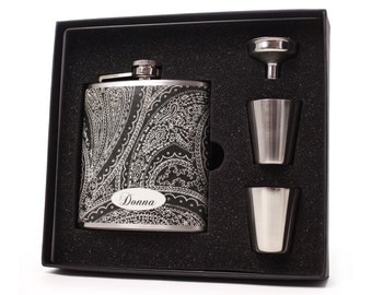 Flask for women // Black paisley flask gift set with shot cups, funnel and gift box