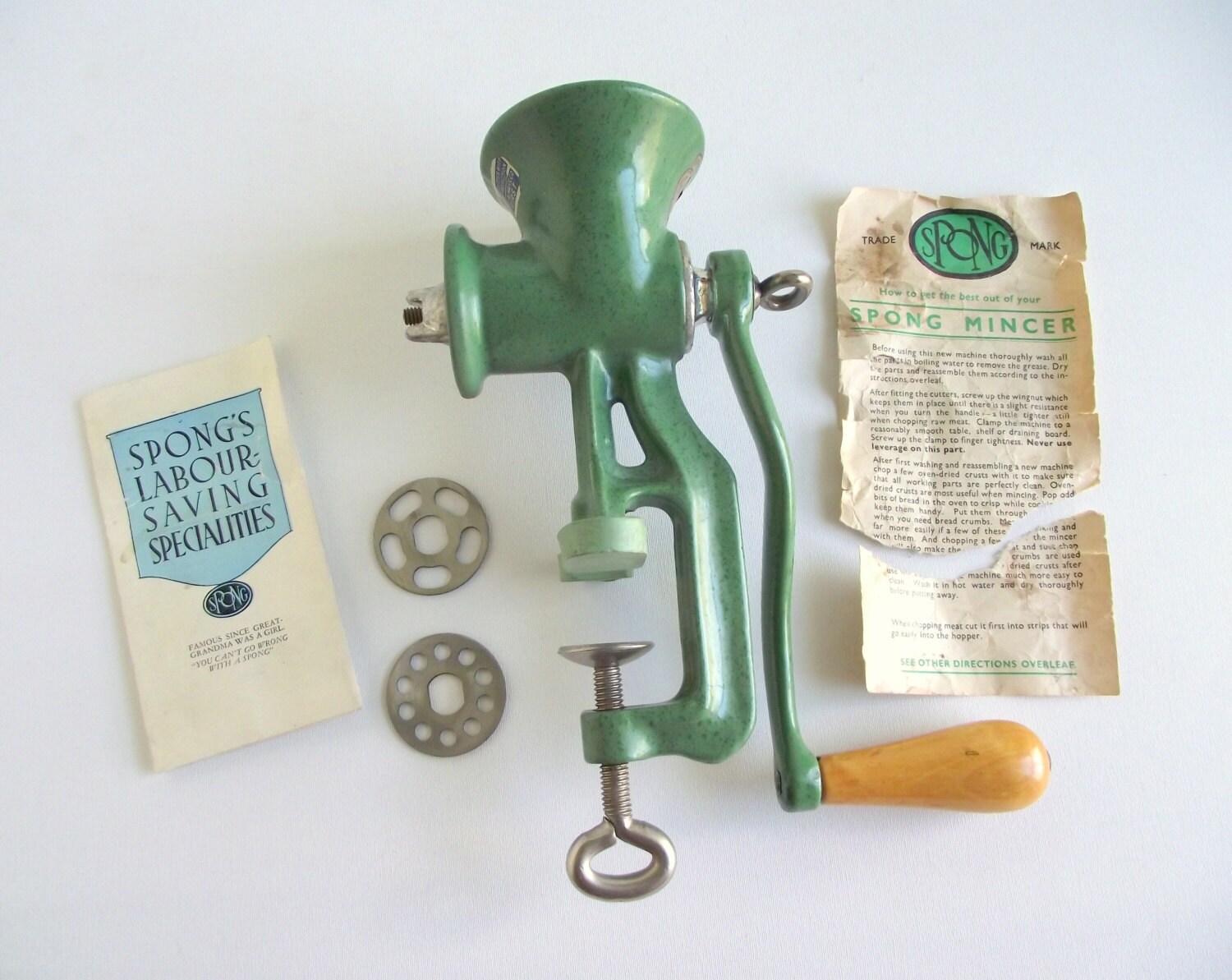 Vintage Spong Mincer E90 Manual Meat Grinder Green Enamel