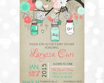 Mason Jars Baby Shower Invitation - Baby Girl Coral Mint Floral Rustic Shabby Chic Burlap Mason Jar DIY Printable Invite PDF (Item #124)