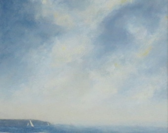 Original painting coast ocean beach sky sailing cloud