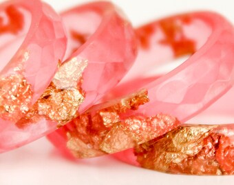 eco resin ring - size 8 thin multifaceted ring | hot summer pink with copper and gold leaf flakes