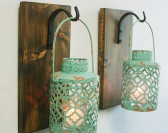 Shabby Chic Gray Lantern Pair CANDLES INCLUDED on stained wood
