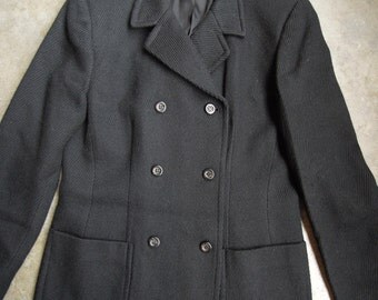 Vtg Black Wool Double Breasted Jacket Coat Cavalry Twill Weave M 8 Jones New York
