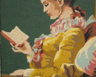 Vintage Handmade Needlepoint La Liseuse. Fragonard .Lady Portrait Reproduction 17.5 x 21.5 inches