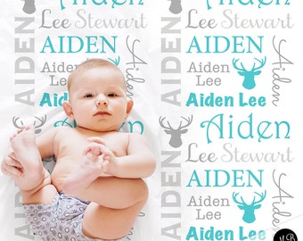 Antler Baby Blanket in Blue and Gray, Boy, personalized blanket, custom blanket, baby blanket, personalized blanket, deer baby blanket