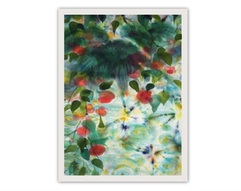 Exotic landscape, red flowers, relax, repose, office decor, giclee print on paper by silk painting, meditation, aquarelle style, asian
