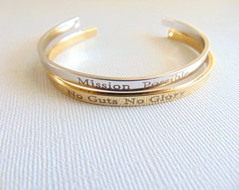 Personalized Cuff Bracelet, Gold / silver bangle, custom text layered bracelet, Secret message cuff, Hand stamped quote Mantra band Bracelet