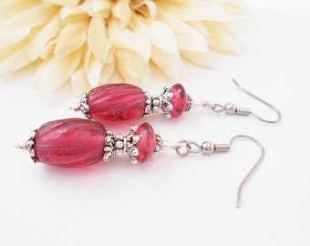 Pink Boho Jewelry, Rose Pink Bridesmaids Earrings Gift for Her, Dark Pink Dangle Earring, Wedding Jewelry, Pink Glass Drop Earrings, Clip On