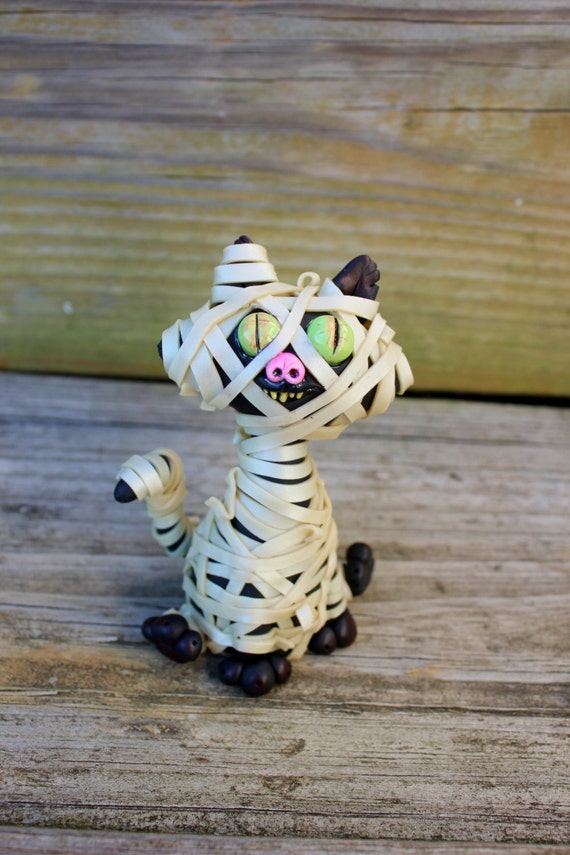 Mummy Cat Halloween Polymer Clay Sculpture