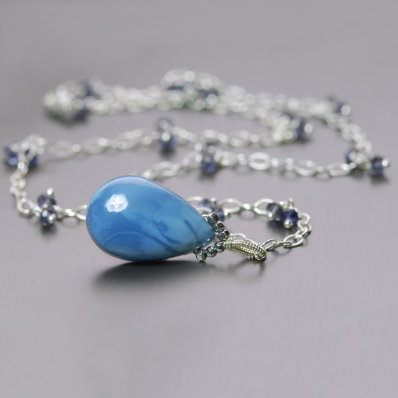 Blue Opal Iolite Necklace by Agusha. Blue Opal Pendant. Blue