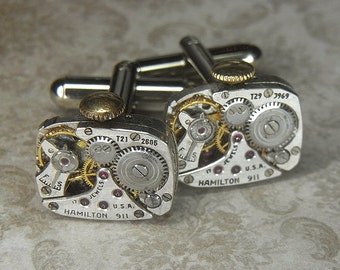 Steampunk Cuff Links Cufflinks - TORCH SOLDERED - Antique Silver Rectangular HAMILTON Watch Movements w Crowns - Birthday Anniversary Gift