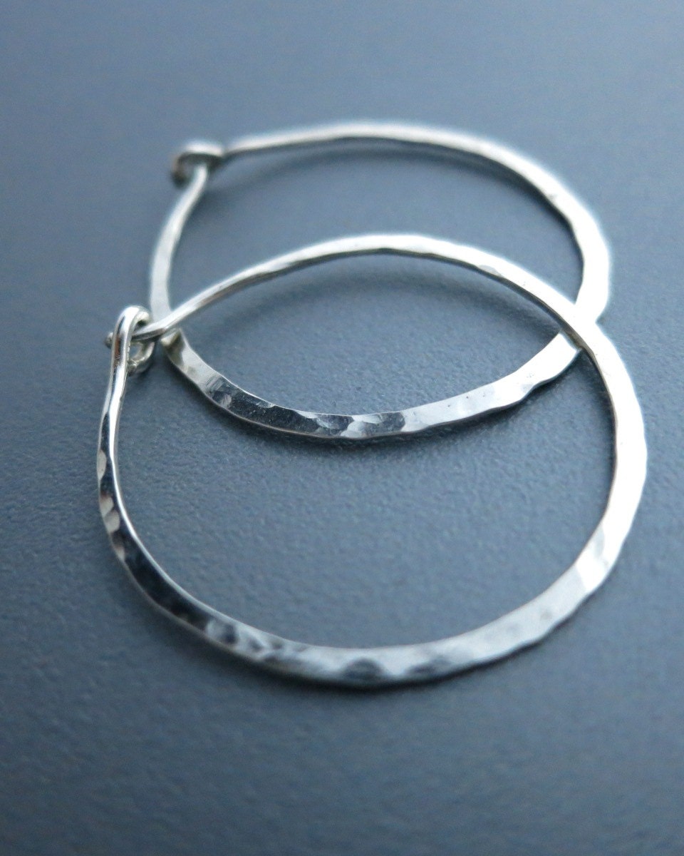 Hammered Sterling Silver Hoop Earrings 1 inch Hammered