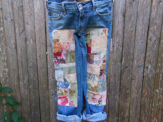 Patchwork jeans fabric patches patched denim up cycled