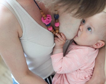 Navy & Pink Flower Mama Nursing Necklace / Teething Necklace for mom to wear / Mommy Jewellery / Breastfeeding Babywearing - KangarooCare