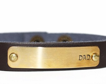Men's Leather Personalized Dark Brown Custom Adjustable Bracelet. Christmas, Birthday, Father's Day, New Dad gift. Names or dates.
