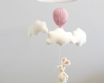 Baby Mobile, Cloud Balloon Mobile, White Pink Mobile, Bunny Mobile, Balloon Hanging Mobile, Cloud Mobile, Traveler Nursery, white nursery