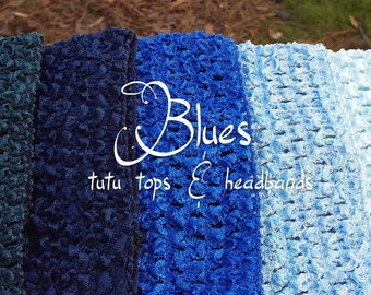 Blue shades in 16'' x 14'', 12'', 10", 9" / 8'' , 6", 2.75", 1.5", 1'' crochet tube tops headbands ballet craft tutu top royal navy pastel