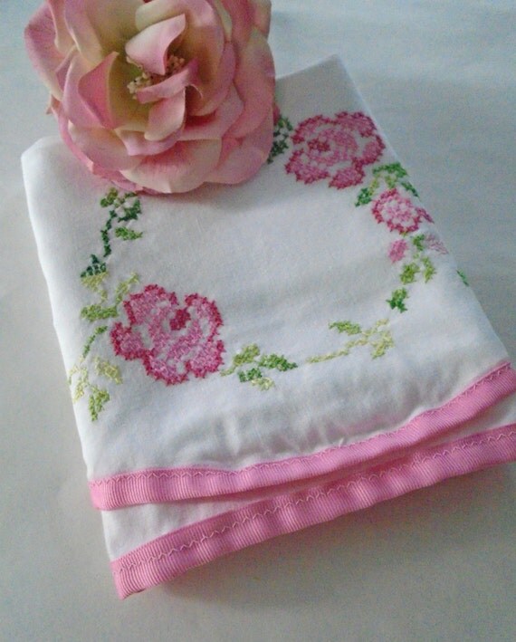 Pink Roses Pillowcase / Vintage Hand Embroidered Pillow Case