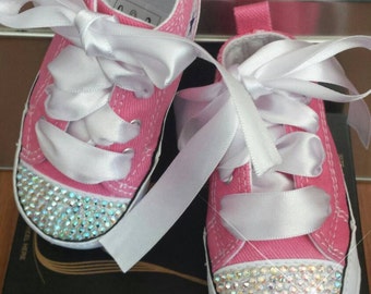 Pink Converse, Baby Girls, Bling Shoes, Matching Tutu, AB Crystals, Satin Laces, White Ties, Fast Shipping