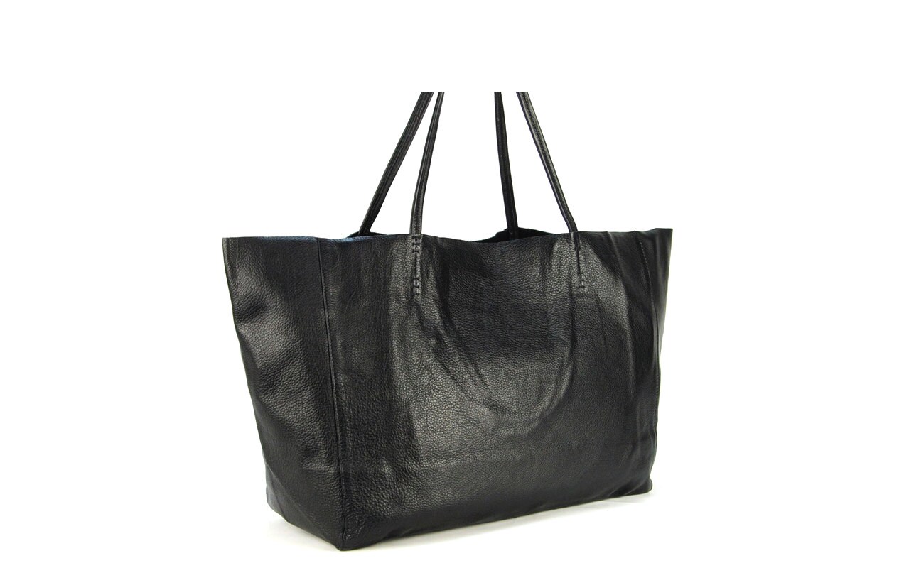Black extra large soft genuine leather tote bag / unlined