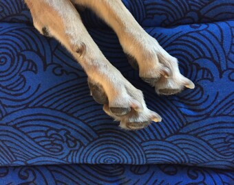 Dog Crate Mat, Pad, Cushion, Extra Small, XS 12"x18", Cobalt Blue and Black Woodblook Style Waves With Fleece Back
