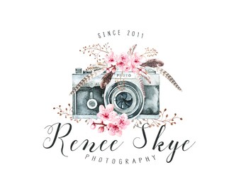 Premade Logo Camera Logo Boho Photography Logo and Watermark Design Business Branding Photography Watermark Calligraphy Logo Feathers Camera