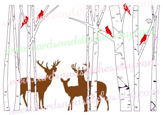 Download Deer SVG Deer in Birch Trees Cardinals in Trees Woodland