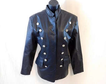 Vintage 80s military style Black Leather Jacket with double row buttons.Virginia Slims V Wear