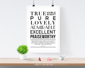 Philippians 4:8. Meditate on these things. NIV. 8x10in. DIY. Printable Christian Poster. Bible Verse. Amen Designs.