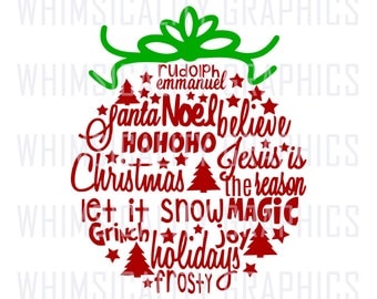 Christmas Ball Ornament Word Art with svg, dxf, png and eps Commercial & Personal Use
