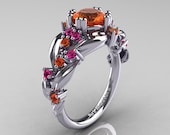 Nature Classic 14K White Gold 1.0 Ct Orange and Pink Sapphire Leaf and Vine Engagement Ring R340-14KWGPSOS