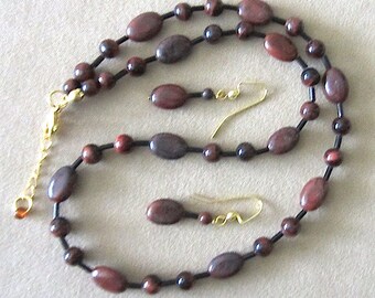 Semi Precious Stone Jewelry Set, Red & Black Tiger's Eye Beaded Necklace w/Earrings, Stone and Glass Beaded Neckalce Set Handmade Jewelry