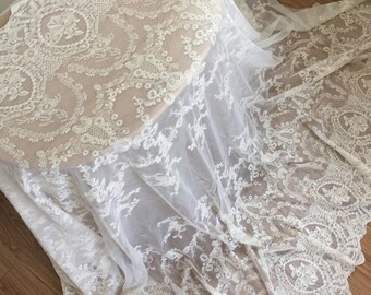 IVORY FLORAL EMBROIDERY GUIPURE LACE FABRIC FRENCH BRIDAL VEIL BY THE YARD